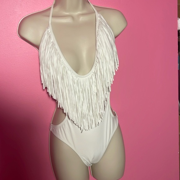 Boho Fringe Deep V One-Piece Swimsuit – Halter Cutout – White –  Size Medium - Picture 2 of 2